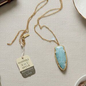 Jil Zarah reversible mandala blue pendant with 30" Goldtone necklace nwt